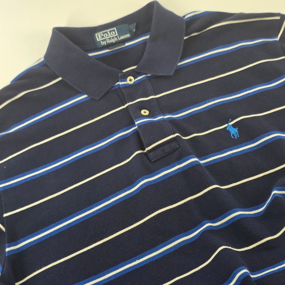 Polo Ralph Lauren Polo Shirt Mens L Navy Blue Striped Short Sleeve Cotton Pique